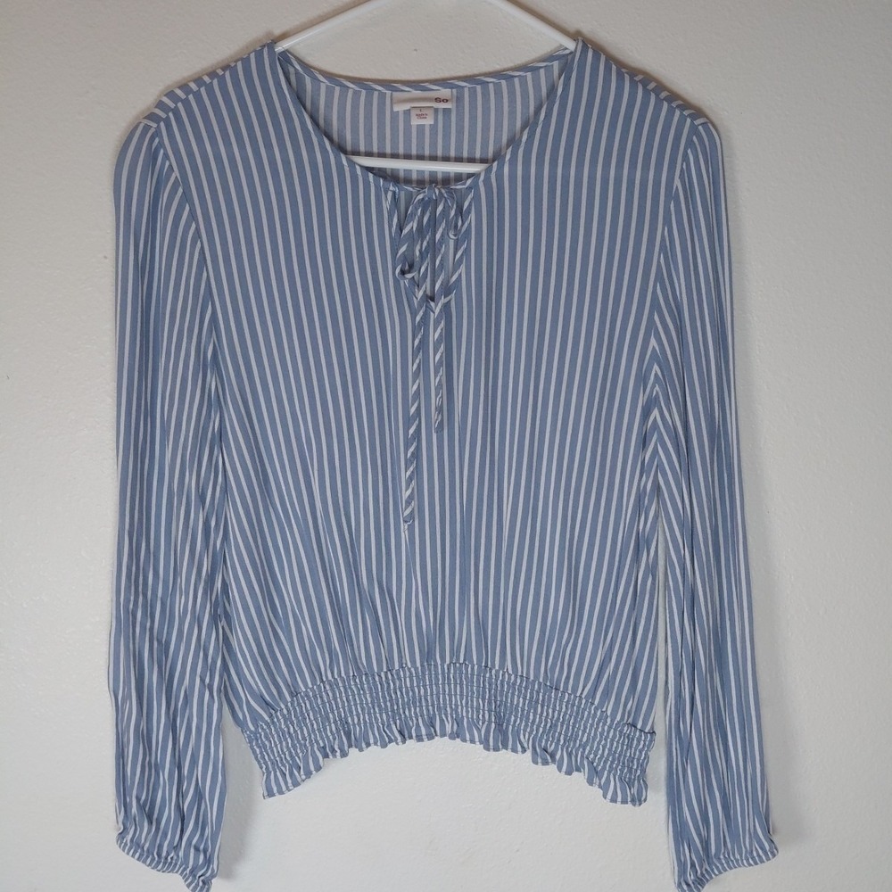 SO Blue White Striped Tie Neck   Women's Size L Beach Coastal Cruise Boho Large
